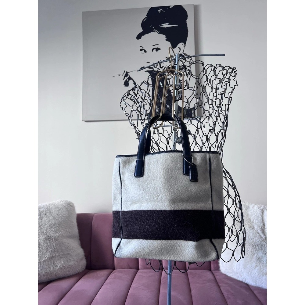 Vintage Coach Felted Wool Leather Stripe Tote‎ Bag Cream Brown H0J-8129